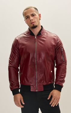 Modèle # 7749 Solid Leather Biker Jacket For Streetwear, Urban Leather Outerwear For Work, Luxury Burgundy Outerwear For Fall, Burgundy Leather Winter Outerwear, Urban Leather Outerwear For Business, Burgundy Leather Jacket With Long Sleeves, Burgundy Long-sleeve Leather Jacket, Classic Burgundy Leather Jacket With Long Sleeves, Classic Burgundy Leather Outerwear