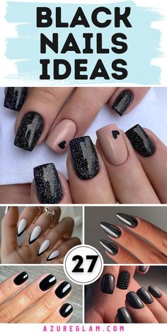 21 Ideas for Gel Nails in 2024 Black Glass Nail Designs, Black And White Dipped Nails, Accent Nails Glitter, Black Accent Nail Designs, Dark Dip Powder Nails Colors, Wedding Guest Nails For Black Dress, Black Square Gel Nails, Black And Glitter Short Nails, Short Black Silver Nails