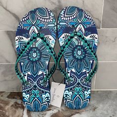 For Sale Is A Pair Of Brand New With Tags Women's Vera Bradley Flip Flops In Blue Island Medallion, Size Large - 9/10. These Have A Decorative Rubber Straps And A Super Cute Graphic With A Tropical Floral Paisley. Comes From A Smoke Free And Pet Free Home. Manufacturer's Information: Two Words Describe Our Flip Flops: Comfortable And Cute. You'll Be The Belle Of The Boardwalk When You Wear Them! Soft, Flexible Sole. Vera Bradley Blue Island Medallion, Blue Island, Tropical Floral, Vera Bradley, 9 And 10, Women's Shoes Sandals, Flip Flops, Paisley, Super Cute