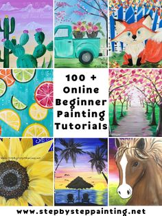 several pictures with the words, 100 + online beginner painting tutors on them