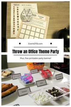 an office theme party with candy and other items