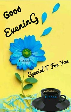 a blue flower sitting on top of a black cup next to a yellow background with the words, good evening special for you