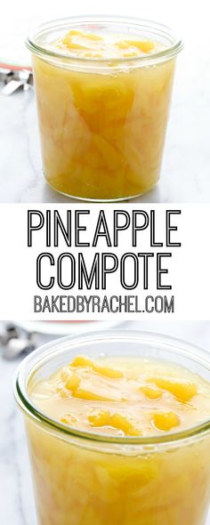 pineapple compote in a glass bowl on a marble countertop with text overlay that reads pineapple compote