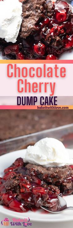 chocolate cherry dump cake with whipped cream on top