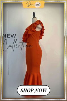 One Shoulder Ruffle Pack Hip Fishtail Evening Dress Elegant Spring Mermaid Dress With Ruffles, Chic Ruffled Mermaid Dress For Spring, Summer Fishtail Dresses With Ruffles, Orange One-shoulder Dress With Ruffles, Elegant Orange Ruffled Dresses, Chic Fishtail Dress With Ruffles, Calf Sleeve, Bodycon Fashion, Color Pick