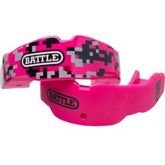 two pink wristbands with black and white designs on the front, one is for battle