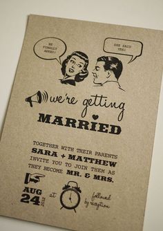 an old - fashioned wedding card with the words, we're getting married