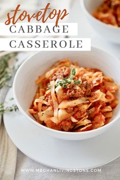 two bowls filled with pasta and meat on top of a white plate next to silverware