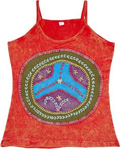 A vibrant red stonewashed hippie tank top with a big peace sign made from similar fabric and thick thread embroidery.  The embroidery looks very artsy with colorful threads and the big peace symbol enhances the overall look. #tlb #Sleeveless #Patchwork #Stonewash #Embroidered #vacationclothing #beachwrap #bohemianfashion #Handmade #gypsytanktop #summerhippietanktop #ribbedcottontanktop Hippie Multicolor Tank Top For Festival, Hippie Cotton Tank Top, Embroidered Cotton Tank Top For Beach, Cotton Hippie Tank Top For Summer, Summer Hippie Cotton Tank Top, Red Cotton Festival Top, Bohemian Embroidered Cotton Tank Top, Bohemian Cotton Embroidered Tank Top, Casual Red Festival Tank Top