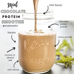 a jar filled with chocolate protein smoothie and labeled ingredients to make it into a smoothie