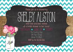 a baby shower is shown with pink flowers in a mason jar on a chevron red and white background