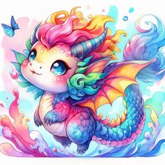 a drawing of a little dragon with colorful hair