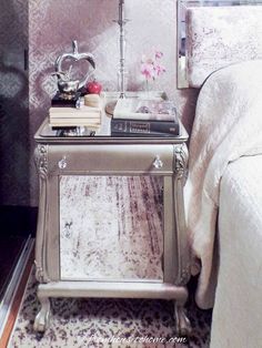 DIY Mirrored Nightstand (A Gorgeous Glam Bedside Table) Decorate With Mirrors, Mirror Decorating Ideas, Diy Glam Decor, Furniture Makeover Ideas, Mirror Adhesive, Old Tables, Nightstand Makeover, Sewing Room Storage, House To Home