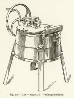 an old drawing of a machine that is sitting on top of a wooden table with wheels