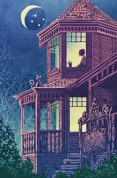 a drawing of a house with a cat sitting on the porch looking out at the moon