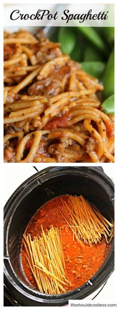 crock pot spaghetti in the slow cooker is ready to be cooked and served