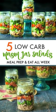 mason jar salads with text overlay reading 5 low carb mason jar salads meal prep & eat all week