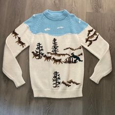 White And Light Blue Vintage Sweater, Size Large. California Sweater, Sweaters Vintage, Ski Sweater, Vintage Sweater, Sweaters Crewneck, Blue Vintage, Vintage Sweaters, Skiing, Blue White