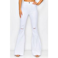 Super Stretchy High Rise White Distressed Bell Bottom Pants. Featuring Button Closure, Zip Fly And Two Back Pockets. Unfinished Hem. 98% Cotton And 2% Spandex. Machine Wash Cold. S Waist 24-25" Hip 32" Inseam 30.5" M Waist 26-27" Hip 34" Inseam 30.5" L Waist 28-29" Hip 36" Inseam 30.5" Xl 30-32" Hip 38" Inseam 31" 2x 33-35" Hip 40" Inseam 31" Flare Black Pants, Cotton Pants Women, Flowy Jumpsuit, Curvy Pants, Flower Pants, Bell Pants, Tie Waist Pants, Wide Leg Romper, Vintage Trousers