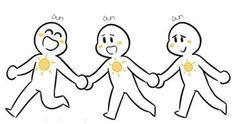 three people are holding hands with the same person in different directions, and one has yellow circles