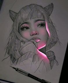 a drawing of a girl with cat ears on her head and pink light coming from her eyes