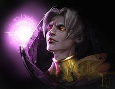 an image of a man with yellow eyes and purple hair holding a glowing object in his hand