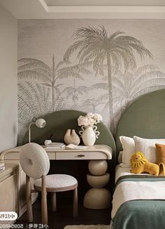 a bedroom with palm trees painted on the wall