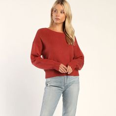 Nwt! Size Small, Festive Fall Rust Red Knit Pullover Sweater From Lulus. Slightly Cropped In Length Red Fine Knit Sweater For Layering, Cozy Red Soft Knit Top, Red Fine Knit Sweater, Red Textured Knit Sweater For Layering, Red Relaxed Fit Sweater For Fall, Orange Oversized Sweater, Oversized Cream Sweater, Chunky Turtleneck Sweater, Taupe Sweater