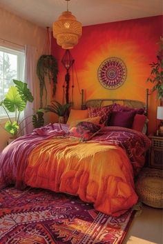 an orange and red bedroom with a large bed covered in colorful blankets, pillows and rugs