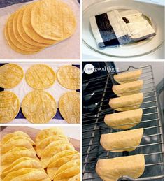 the process of making homemade tortillas is shown in four different stages, including baking