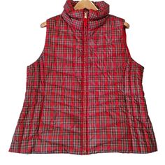 Elevate Your Winter Wardrobe With This Stunning Talbots Vest. The Sleeveless Design And Short Length Make It Perfect For Layering Over A Long-Sleeved Shirt Or Sweater. The Red Tartan Plaid Pattern Adds A Pop Of Color To Any Outfit, While The Down Insulation Keeps You Warm And Cozy Throughout The Winter Months. The Full Zip Closure And Machine Washable Garment Care Make This Vest Both Practical And Stylish. Ideal For Travel Or Casual Occasions, This Vest Is A Must-Have For Any Outdoor, Classic, O Red Sleeveless Winter Vest, Red Sleeveless Winter Tops, Red Sleeveless Outerwear For Fall, Red Sleeveless Fall Outerwear, Red Sleeveless Vest Outerwear, Red Fitted Sleeveless Outerwear, Fitted Red Sleeveless Outerwear, White Faux Fur Vest, Vest Layering