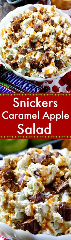 this is an image of a side dish for snickkers caramel apple salad