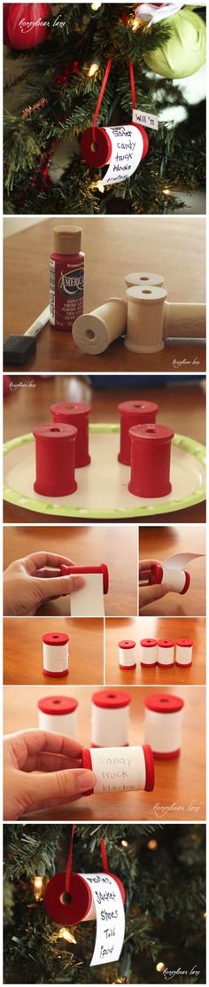 the process for making christmas ornaments is shown in three different pictures, including one being rolled up