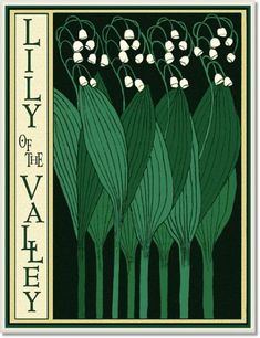 lily of the valley card with white flowers on green and black background, in an art nouveau style