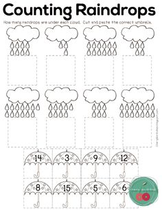 counting the raindrops worksheet for kids to practice counting and number recognition