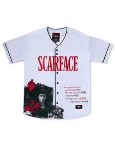 Rock this officially licensed Scarface Baseball Jersey and show off your fandom. This jersey features a portrait of Al Pacino and an iconic quote from the movie making it perfect for any Scarface fan. Exclusively at Spencer's Length: 32.3" from shoulder to hem Short sleeves Regular fit Tagged Material: Polyester Care: Spot clean Imported Letter Print Baseball Jersey For Streetwear, Streetwear Fan Apparel Baseball Jersey With Letter Print, Streetwear Baseball Jersey With Letter Print, Letter Print Crew Neck Baseball Jersey For Streetwear, Cotton Baseball Jersey With Letter Print For Fans, Pre-shrunk Cotton Baseball Jersey For Streetwear, Cotton Baseball Jersey For Streetwear, Crew Neck Baseball Jersey With Graphic Print For Fans, Graphic Print Crew Neck Baseball Jersey For Streetwear