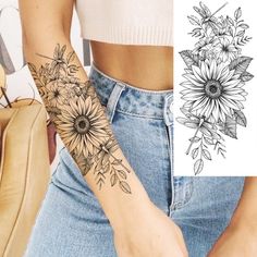 a woman's arm with sunflowers and leaves tattoo on the left side