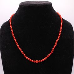 Discover the exquisite beauty of this antique graduated natural red Mediterranean coral necklace. The vibrancy of the red coral beads that range from 3.5mm to 7.2mm in size is simply breathtaking. The necklace is adorned with a 10K yellow gold box clasp which features a 5mm coral cabochon that adds to its elegance. With its 21-inch length and weight of 16.2 grams, this necklace will perfectly complement any outfit, adding a touch of sophistication to your look. This necklace is in excellent cond Formal Red Coral Beaded Necklace, Classic Red Single Strand Beaded Necklace, Classic Red Round Beaded Necklaces, Classic Red Hand-strung Necklaces, Classic Red Gemstone Beads Necklace, Classic Red Necklace With Gemstone Beads, Classic Red Necklace With Polished Beads, Classic Red Single Strand Necklace, Coral Beads Necklace