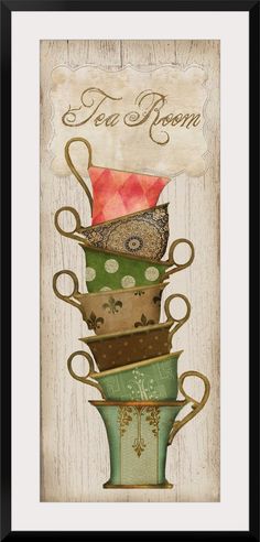 a stack of tea cups with the words tea room on it in black framed frame