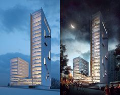 two renderings of the same building at night and day