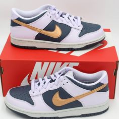 New With Box- Tried On Only 100% Authentic With Proof Of Purchase Nike Dunk Low Se Copper Swoosh (Gs) Grade School Size 6y Style Dx1663 400 Size 6y Style Dx1663-400 Colorway Thunder Blue/Barely Grape/Violet Frost/Metallic Copper Low Top Lace Up Closure Material Leather With Rubber Soles Imported Made In Vietnam Lavender Sporty Sneakers With Round Toe, Sporty Lavender Sneakers With Round Toe, Nike Lavender Sneakers For Sports, Nike Lavender Low-top Sneakers, Purple Low-top Skate Shoes For Sports, Purple Skate Shoes With Boost Midsole For Sports, Purple Round Toe Skate Shoes For Sports, Purple Skate Shoes For Sports, Nike Purple Skate Shoes For Sports