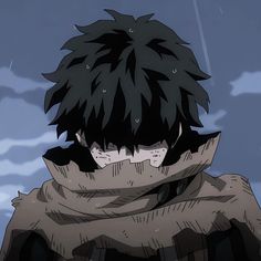 an anime character with black hair wearing a scarf and looking off into the distance while standing in front of a cloudy sky