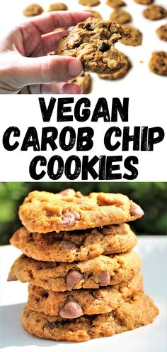 A pin for vegan carob chip cookies. The top photo shows a closeup of a cookie with a bite taken out of it. The bottom photo shows a stack of 5 cookies. Carob Chips Recipes, Carob Chip Cookies, Carob Recipes, Soft Batch Cookies, Carob Chocolate, Classic Chocolate Chip Cookies Recipe, Soft Batch, Gluten Free Comfort Food