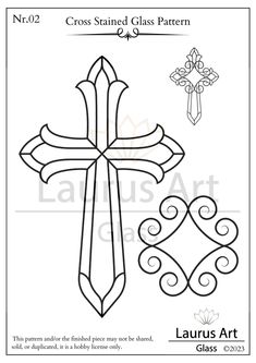 the cross stained glass pattern is shown in black and white, with an ornamental design