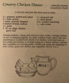 an old recipe book with instructions on how to make chicken dinner