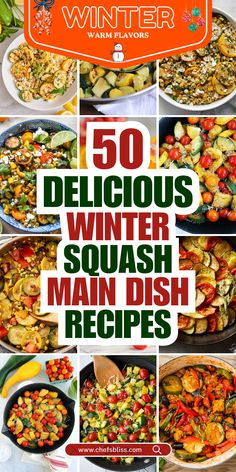 50 delicious winter squash main dish recipes with text overlay that reads 50 delicious winter squash main dish dishes