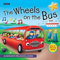 the wheels on the bus is shown in front of a red bus with music notes