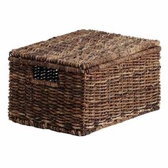 a brown wicker basket sitting on top of a white background