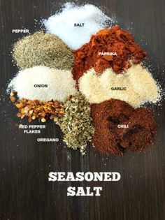 an image of seasoning salt and spices on a table with the words seasoned salt