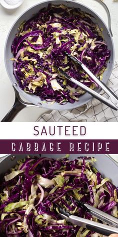 two pictures showing the same food being cooked in a skillet and then topped with cabbage